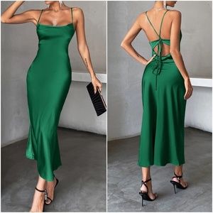 Luxe Satin Lace up back Backless Party Evening Dress